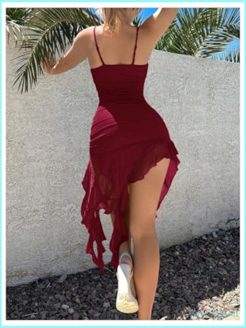 Mesh Mini Dress with Ruffle Hem Floral Decor Bodycon Party Cocktail - Picture 2 of 5